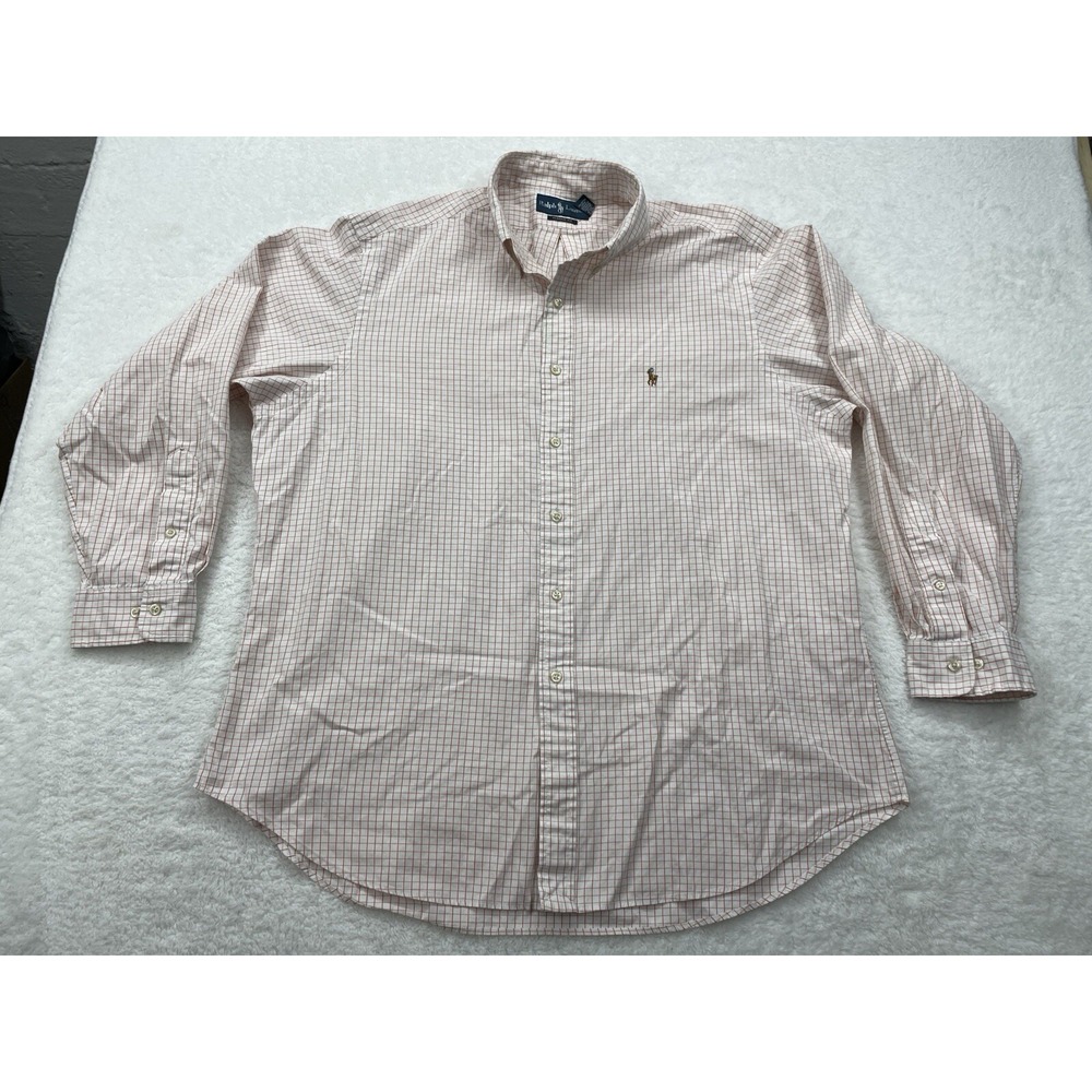 Ralph Lauren Mens 17.5 34/35 Classic Fit Orange White Check Button Down‎ Shirt